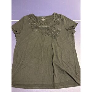 White Stag Womens Black Floral Applique Sequin Scoop Neck Cotton T-Shirt XL